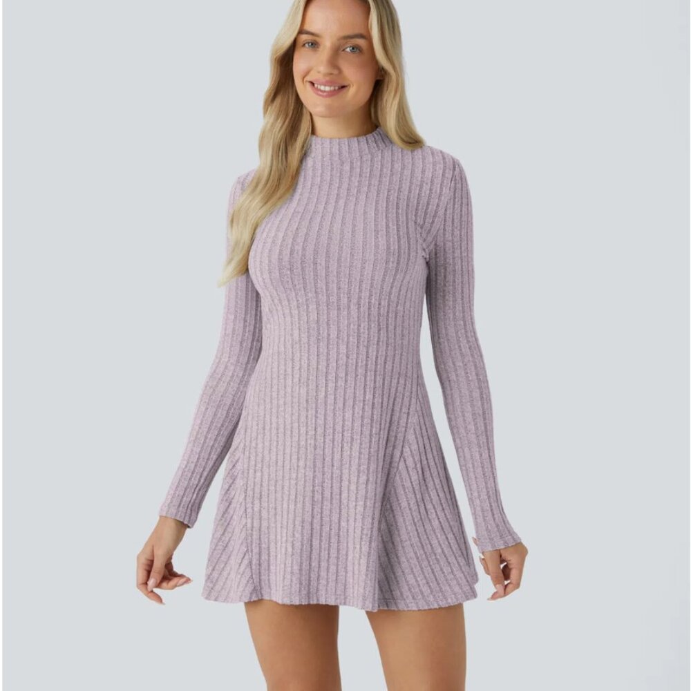 NWOT Halara Ribbed Knit Stand Collar Long Sleeve Mini Casual Dress